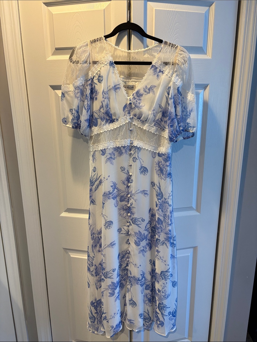 Taylor White Midi Dress with Blue Floral Print